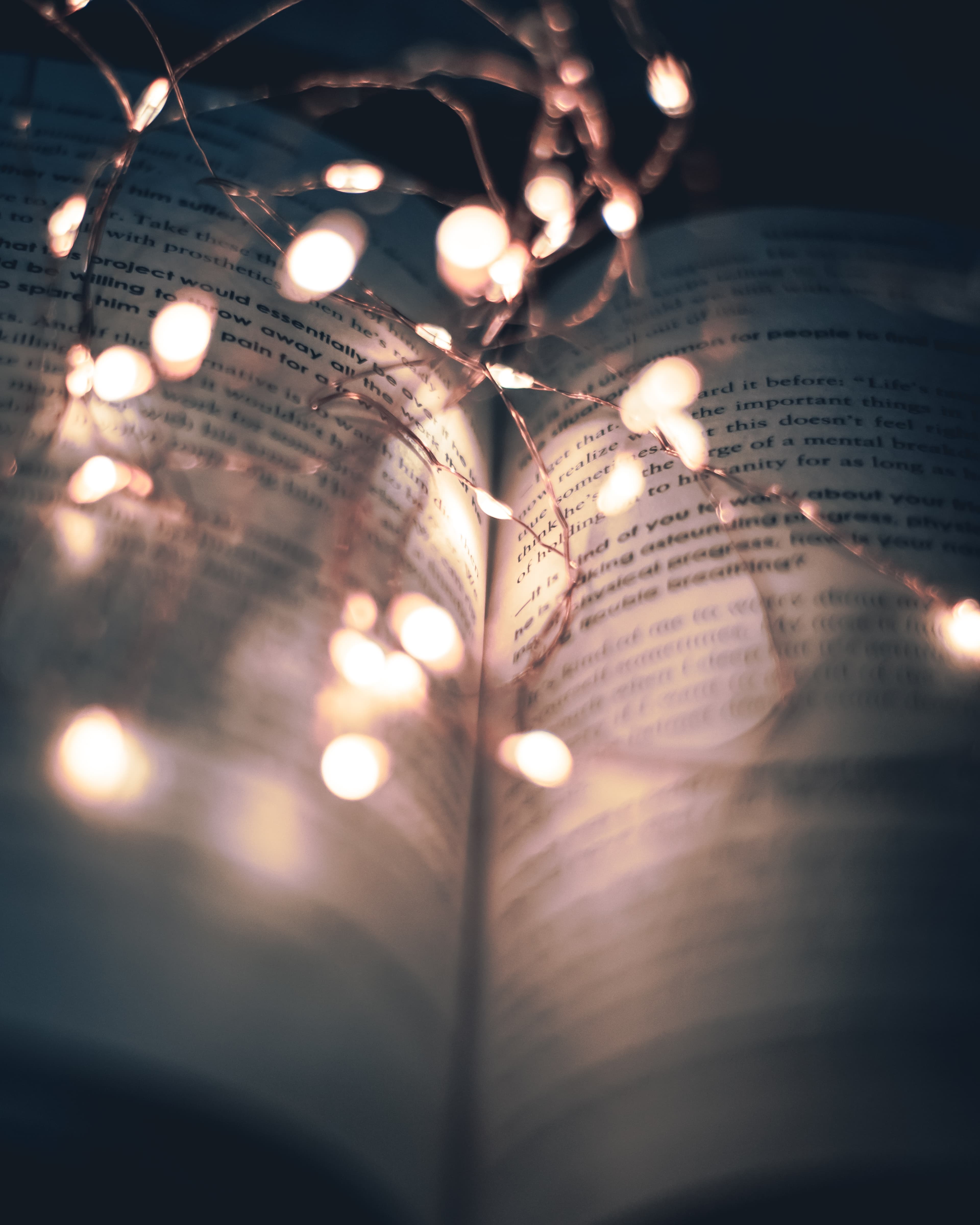String lights draped across book pages